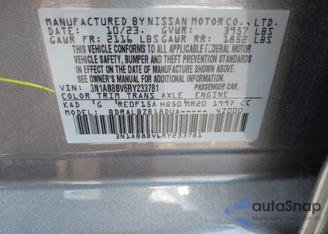 2024 Nissan Sentra S Xtronic Cvt z USA, uszkodzony, nr VIN 3N1AB8BV6RY233781